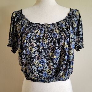 Free People | Black + Blue Floral Off Shoulder Top